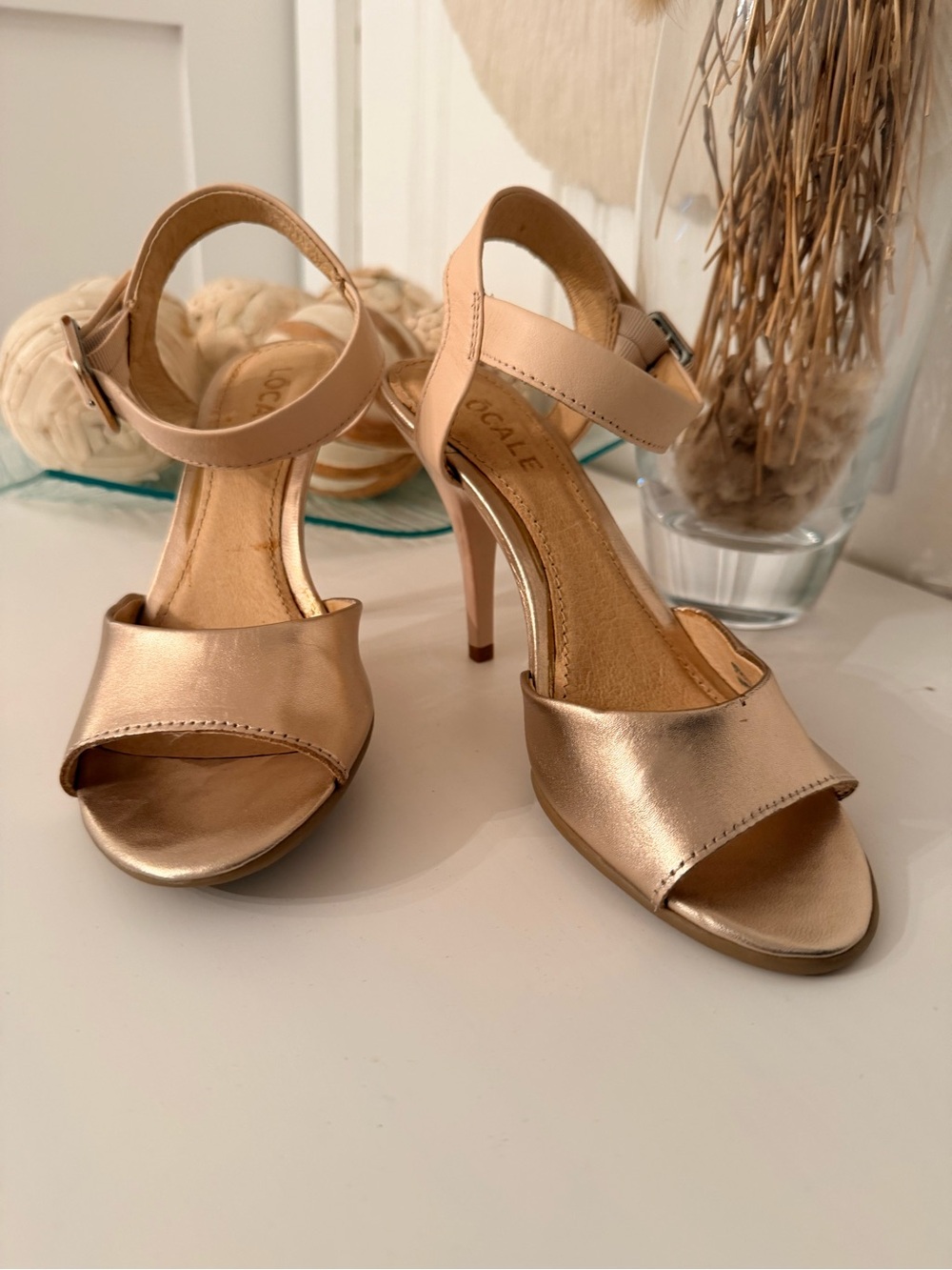 Metallic Rose Gold Ankle-Strap High Heel Sandals